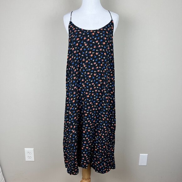 Madewell Midi Dress Womens 12 Black Floral Tie Back Slip Prairie Posies Sundress - Picture 2 of 13